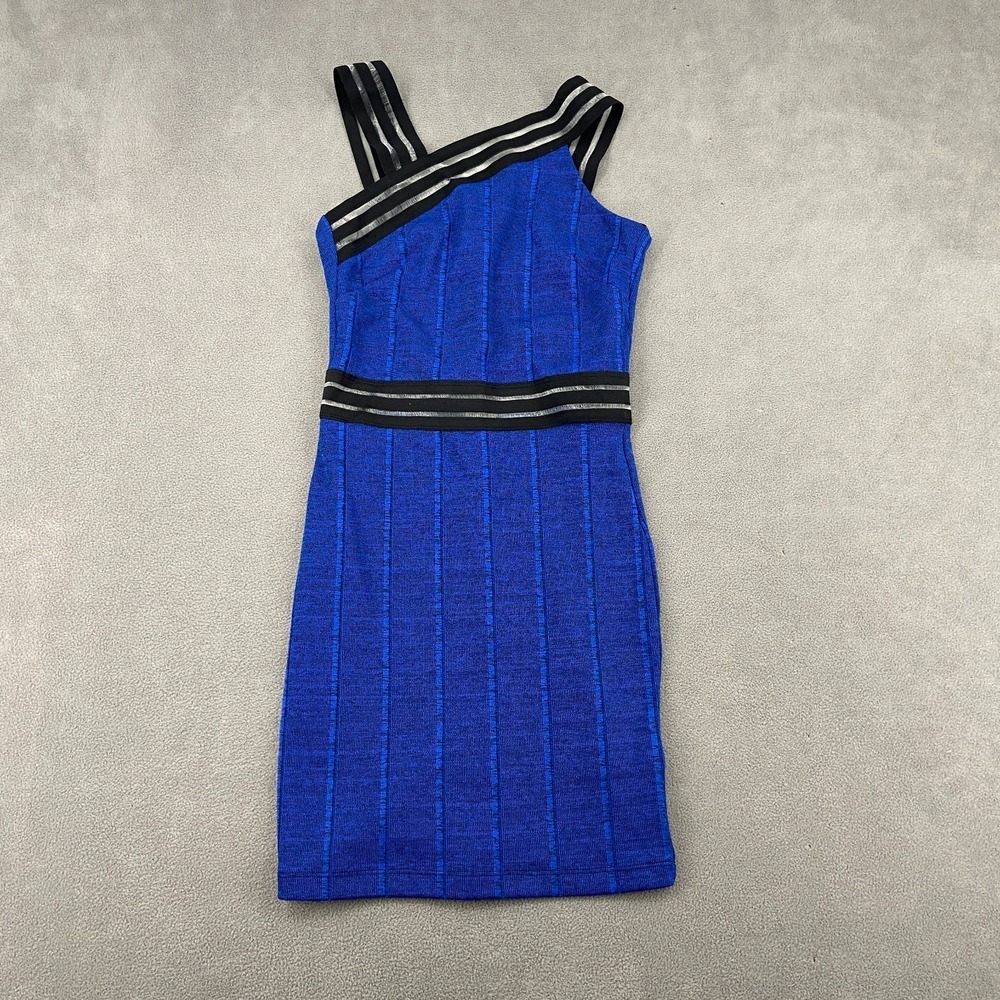 Topshop Bodycon Dress Womens 4 Blue Striped One Shoulder Elastic Trim Back Zip